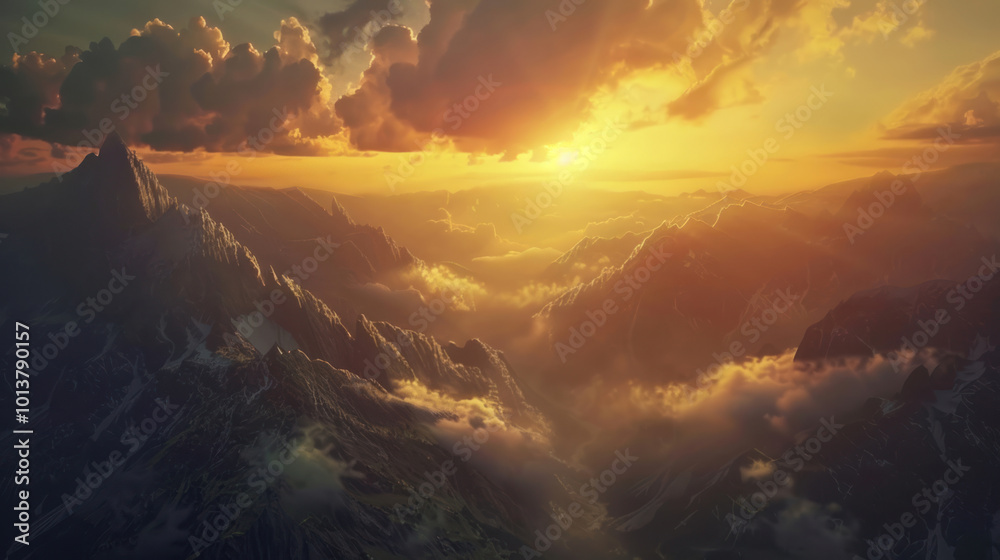 Obraz premium A breathtaking sunset over a rugged mountain landscape, with rolling clouds and deep shadows
