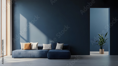 Fototapeta Naklejka Na Ścianę i Meble -  dark blue walls mock up ,have a window providing natural light. modern sofas that give it a warm and comfortable feel.3d render