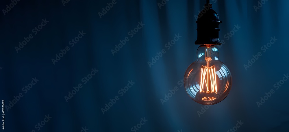 A photo of a single, glowing incandescent light bulb suspended against a deep, moody blue backdrop. A photo of a single, glowing incandescent light bulb suspended against a deep, moody blue backdrop.