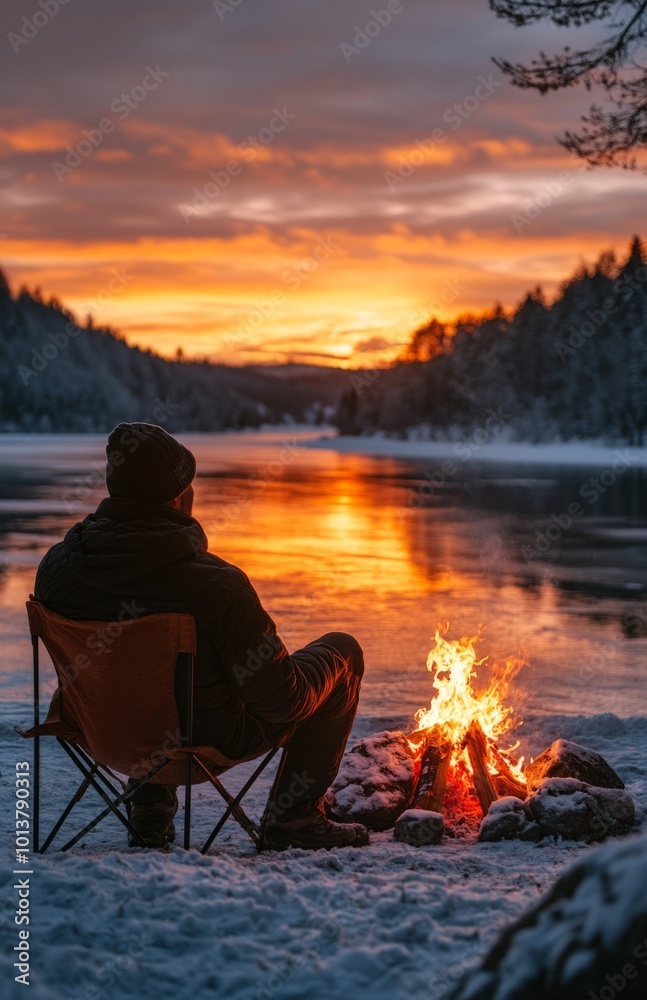 Man enjoying sunset by a campfire in winter by a frozen lake Man enjoying sunset by a campfire in winter by a frozen lake