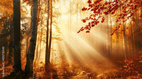  Vibrant autumn forest with golden and red leaves, sunlight streaming through the trees