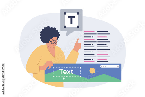 Design development concept in modern flat design for web. Woman prototyping wireframe homepage template, creating horizontal banner, placing text and content, brainstorming ideas. Vector illustration.
