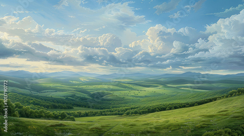 A breathtaking view of a rolling green valley with distant mountains under a sky filled with soft clouds