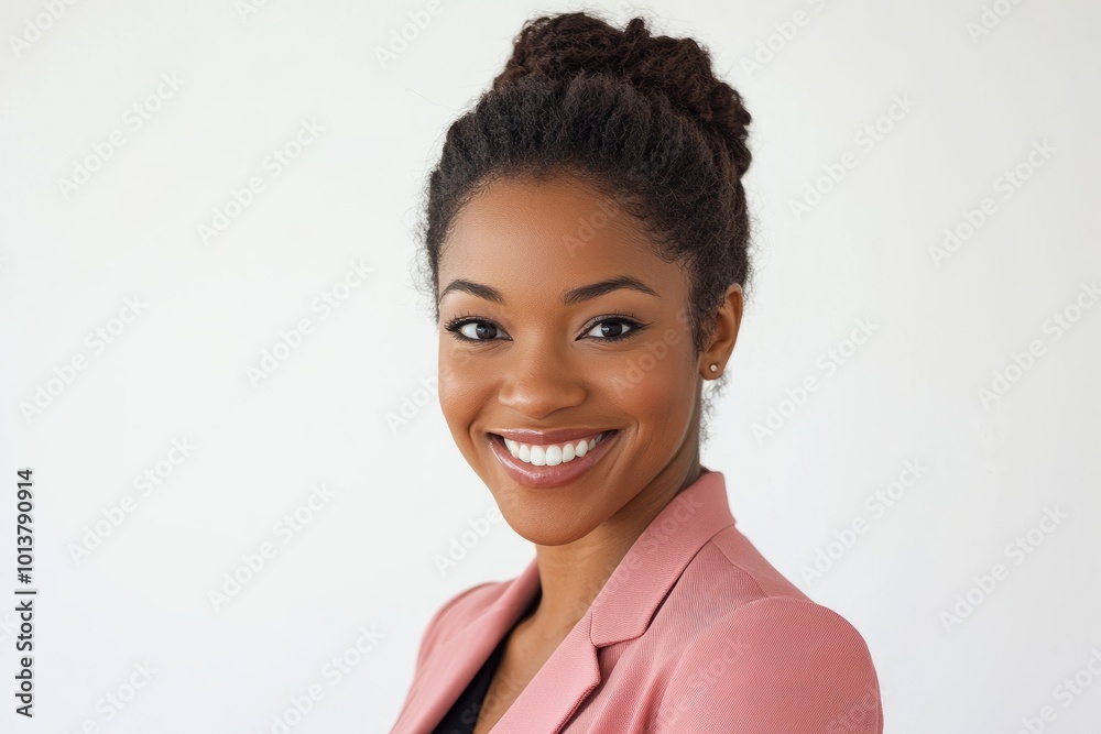 Smiling professional woman in business attire, confident and poised for success.