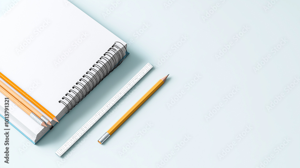 simple workspace featuring spiral notebook, yellow pencils, and ruler, perfect for studying or creative projects. clean layout inspires productivity and focus simple workspace featuring spiral notebook, yellow pencils, and ruler, perfect for studying or creative projects. clean layout inspires productivity and focus