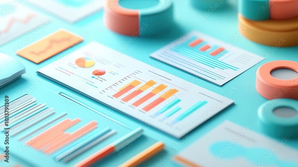 Colorful business charts and graphs laid out on a vibrant teal background, showcasing data analysis and reporting concepts. Colorful business charts and graphs laid out on a vibrant teal background, showcasing data analysis and reporting concepts.