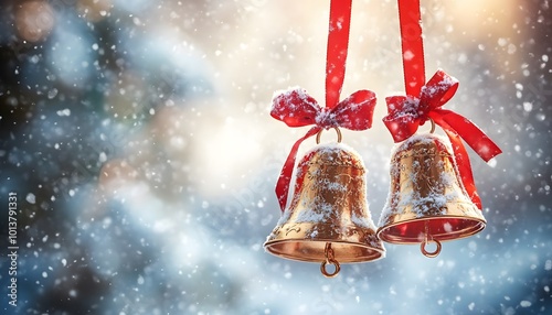 Classic Christmas bells with red ribbons, hanging against a soft snowfilled background with ample room for copy photo