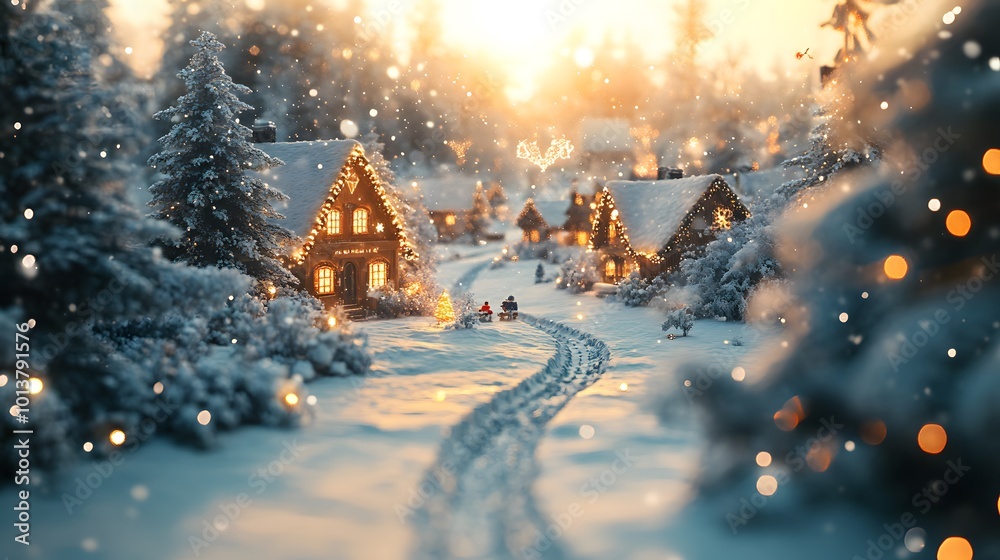 Santa s sleigh tracks in the snow leading to a cozy village, with the top of the image open for text Santa s sleigh tracks in the snow leading to a cozy village, with the top of the image open for text