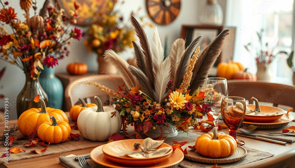 A beautifully set table for Thanksgiving, featuring pumpkins, fall foliage, and seasonal decorations. The warm, inviting colors create a festive and cozy autumn atmosphere. A beautifully set table for Thanksgiving, featuring pumpkins, fall foliage, and seasonal decorations. The warm, inviting colors create a festive and cozy autumn atmosphere.