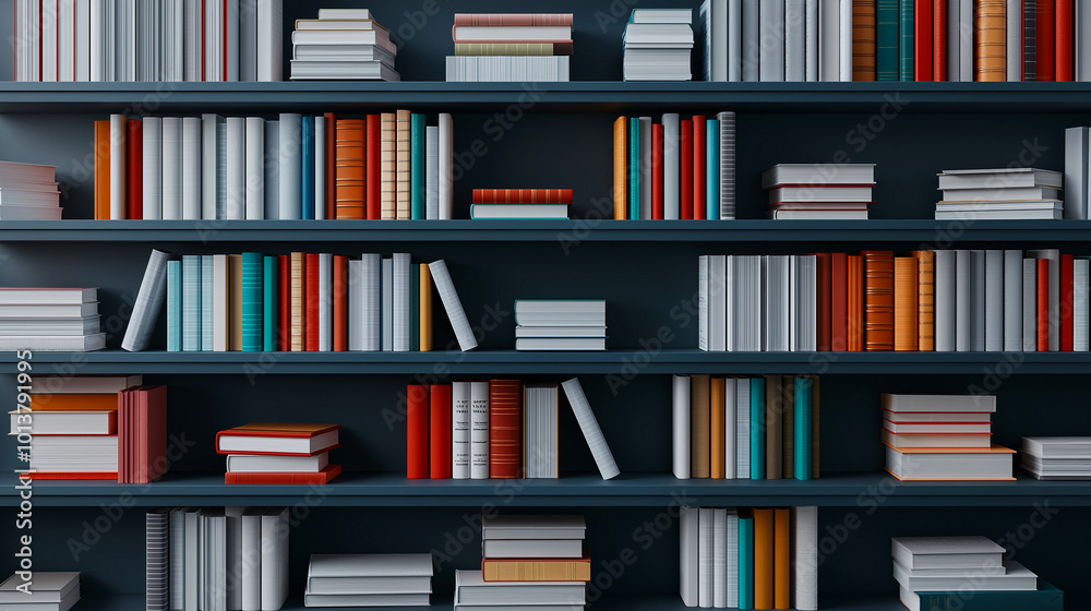 Fototapeta premium Colorful textbooks and white books are neatly arranged on dark shelves, creating vibrant and organized display. This captures essence of well stocked library or study space