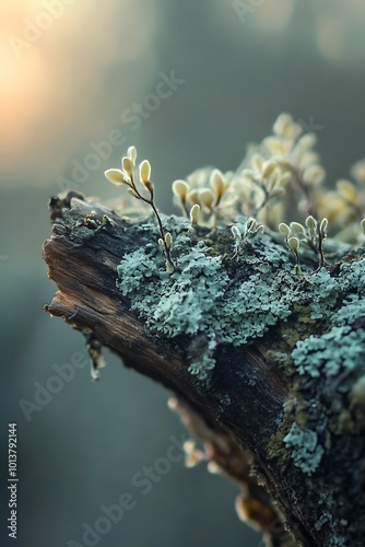 Closeup of small white flowers growing on mossy log in the forest photo