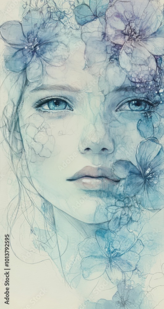 Fototapeta premium Beautiful woman with flowers in her hair, ink and watercolor illustration, pastel colors
