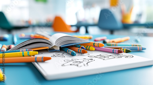 Colorful crayons and coloring book are scattered on table in bright, cheerful environment, inviting creativity and fun for children