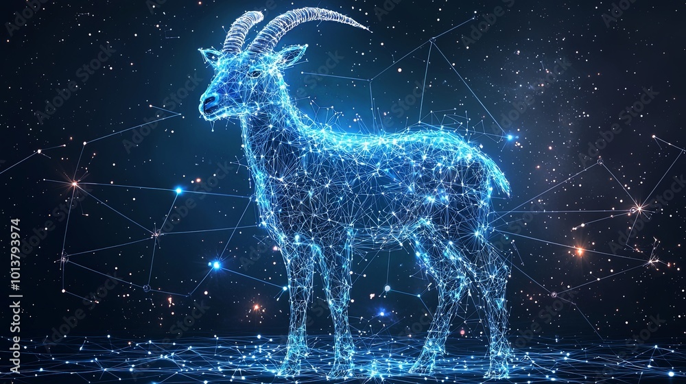 A digital rendering of a goat shaped with luminous star and line network, capturing the essence of cosmic beauty, strength, aspiration and wonder. A digital rendering of a goat shaped with luminous star and line network, capturing the essence of cosmic beauty, strength, aspiration and wonder.