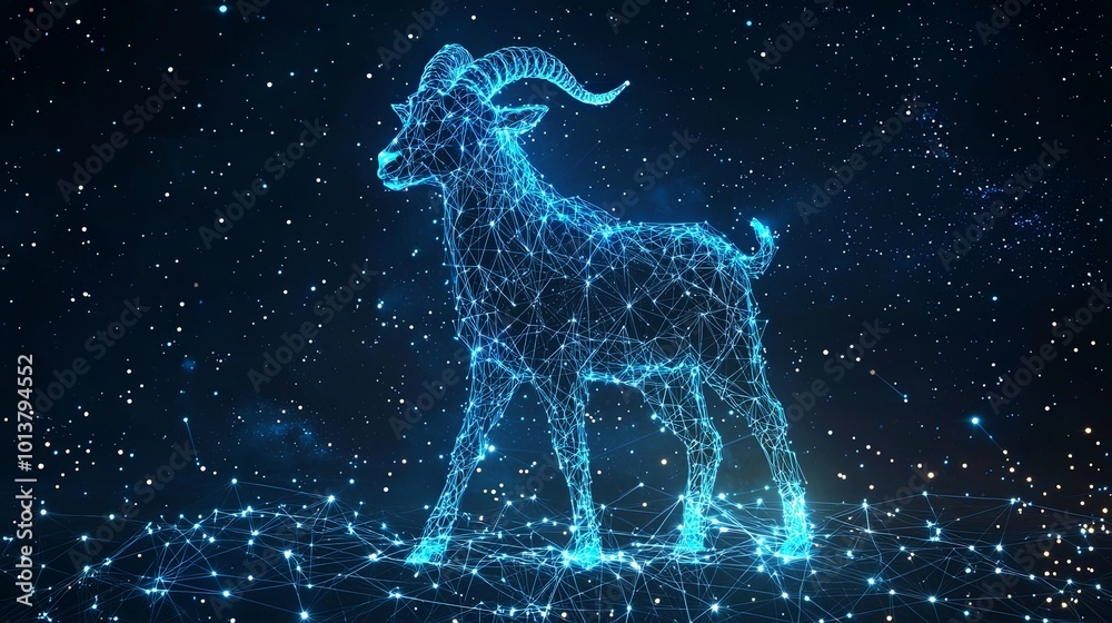 A captivating wireframe model of a goat, aglow against an expansive galaxy, portraying the synchronization of digital artistry with cosmic themes.