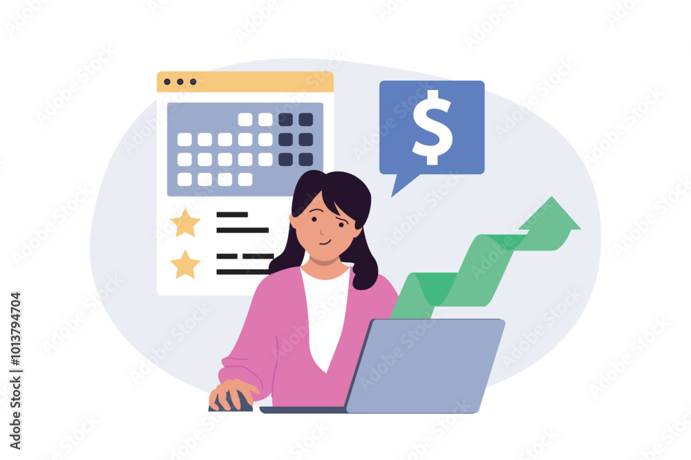Digital business concept in modern flat design for web. Woman analyzing financial graph with arrow growth trend, creating development strategy, doing content plan in calendar. Vector illustration. Digital business concept in modern flat design for web. Woman analyzing financial graph with arrow growth trend, creating development strategy, doing content plan in calendar. Vector illustration.