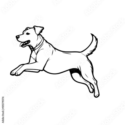 Energetic Jumping Dog Vector Illustration – Detailed Black and White Running Canine Art in Motion – Playful Pet Graphic for Animal Lovers and Designers