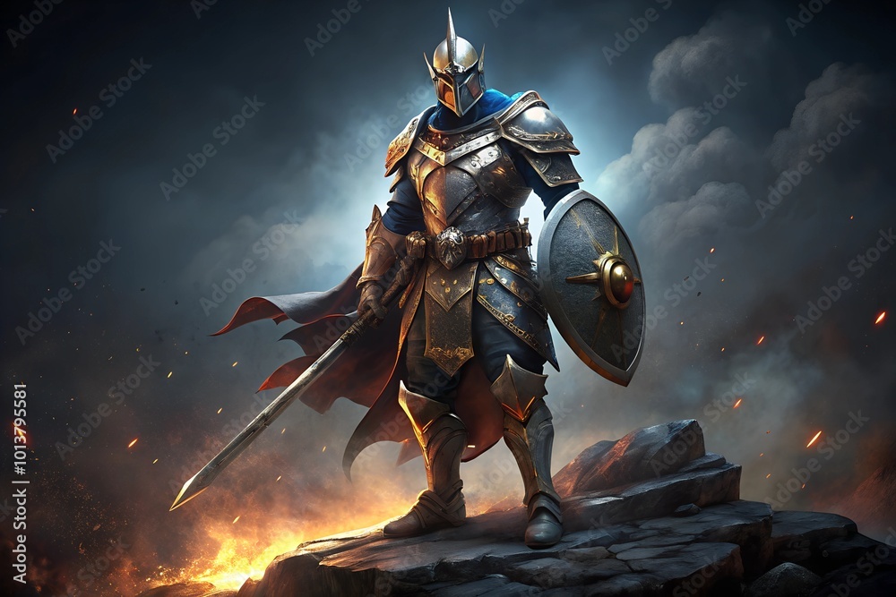 knight in armor and helmet with shield and sword stands on a rock knight in armor and helmet with shield and sword stands on a rock