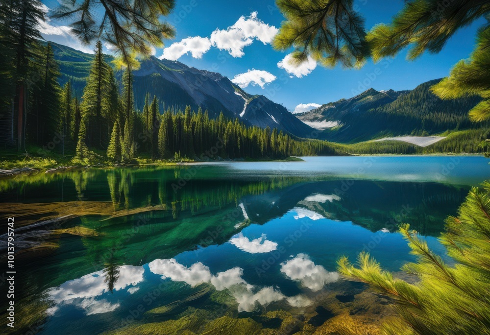 stunning reflection majestic mountain peaks serene lake waters under clear blue sky, alpine, beauty, breathtaking, cliff, clarity, dense, environment stunning reflection majestic mountain peaks serene lake waters under clear blue sky, alpine, beauty, breathtaking, cliff, clarity, dense, environment