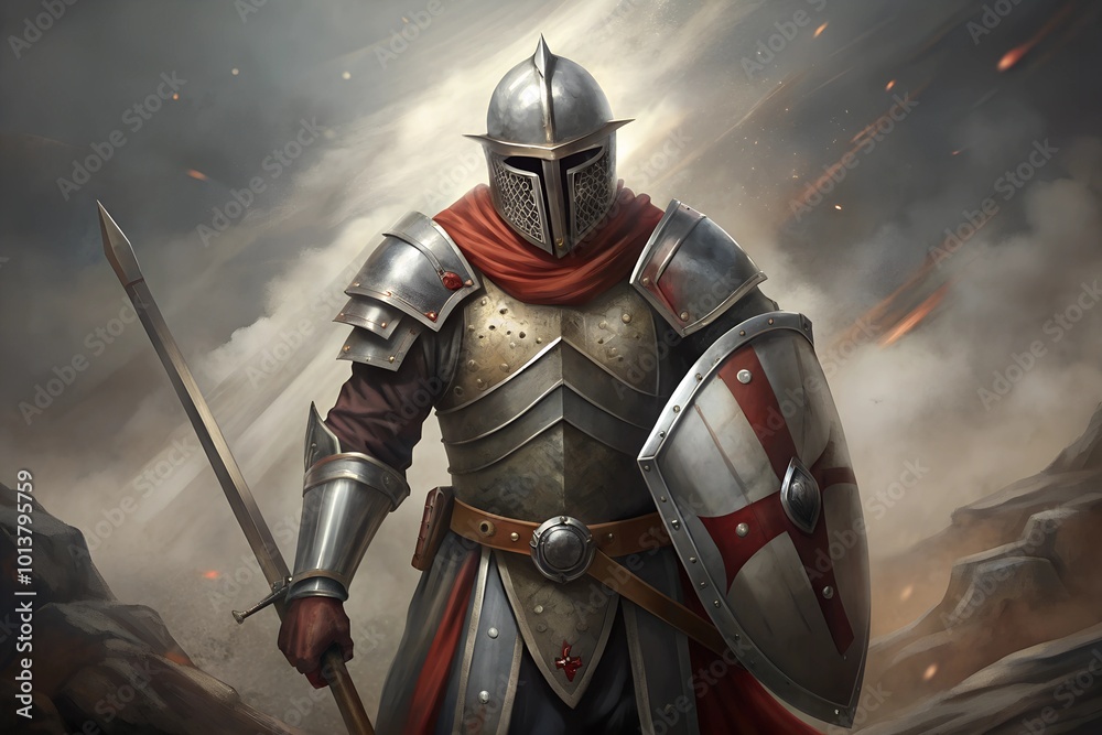 Fototapeta premium knight in armor and helmet with shield and sword