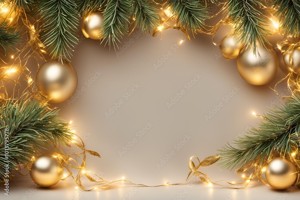 The festive background features golden lights garlands and spruce sprigs. The festive background features golden lights garlands and spruce sprigs.
