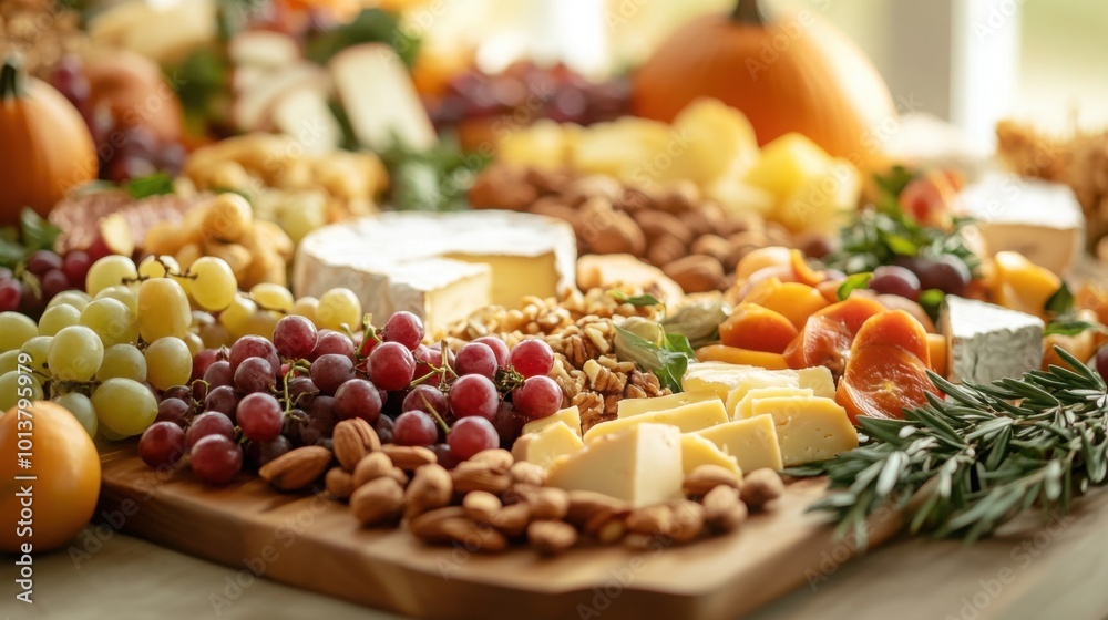 A Thanksgiving-themed cheese board with a selection of cheeses, fruits, and nuts, perfect for appetizers. A Thanksgiving-themed cheese board with a selection of cheeses, fruits, and nuts, perfect for appetizers.