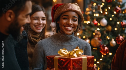 Group of business colleagues celebrating Christmas in the office wearing festive hats and exchanging gifts in a cheerful environment with a decorated Christmas tree in the background Large space for