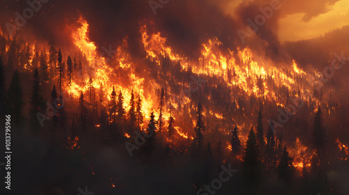 massive forest wildfire raging hilly landscape hill mountain fire smoke flames engulf tall trees bright orange red flame dark smoky sky ash devastation intense natural disaster ancient nature 