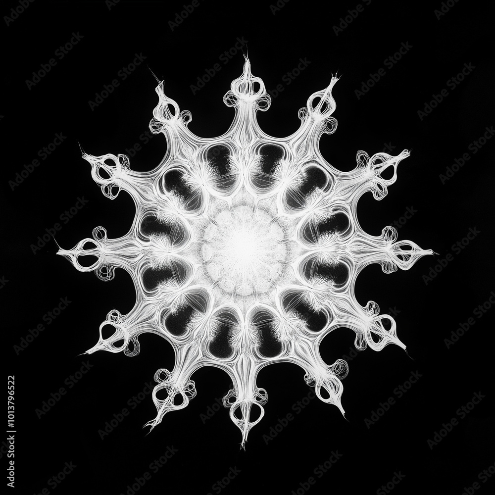 Artistic monochrome snowflake design with intricate swirling patterns against a black background Artistic monochrome snowflake design with intricate swirling patterns against a black background