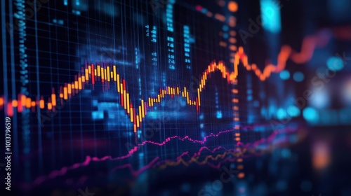 Colorful data visualization with dynamic graphs and digital interface, showcasing financial trends and market analysis.