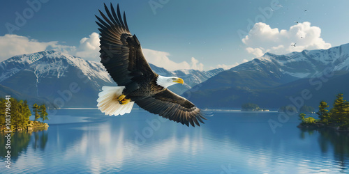 A majestic bald eagle soaring high above a crystal-clear mountain lake, its white head and tail contrasting against the blue sky. photo