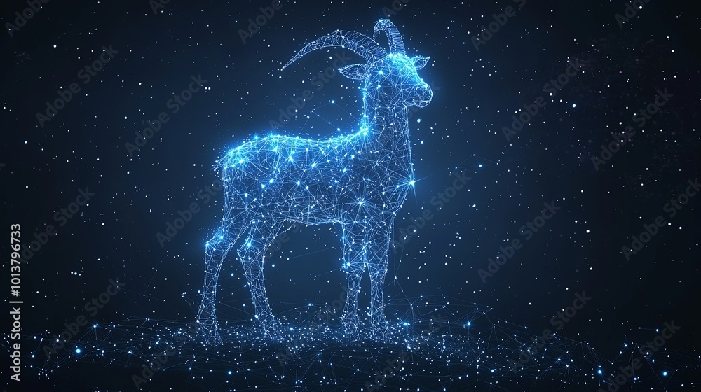 A luminous portrayal of a goat formed from digital stars, suspended gracefully within a vast, enchanting celestial scene under a deep night sky. A luminous portrayal of a goat formed from digital stars, suspended gracefully within a vast, enchanting celestial scene under a deep night sky.