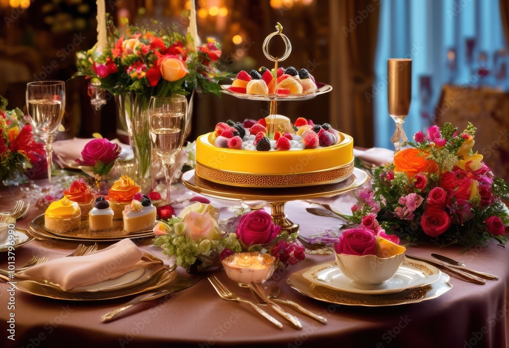 elegant delectable dessert arranged aesthetically stylish table setting exquisite details colorful ingredients, cake, cookie, chocolate, pastry elegant delectable dessert arranged aesthetically stylish table setting exquisite details colorful ingredients, cake, cookie, chocolate, pastry