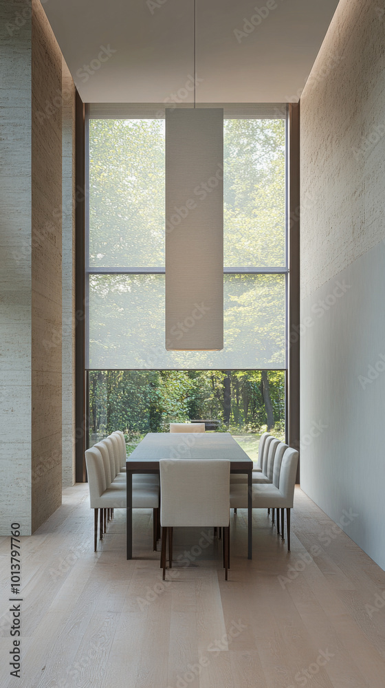 Fototapeta premium Modern dining area with a large table and natural light from floor-to-ceiling windows