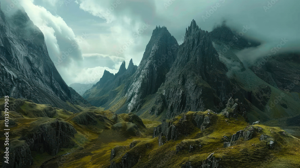 Fototapeta premium A dramatic mountain landscape with jagged peaks and deep valleys, perfect for an epic film setting