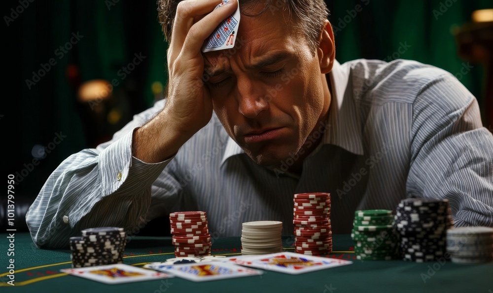 Disappointed poker player at a green table. Disappointed poker player at a green table.