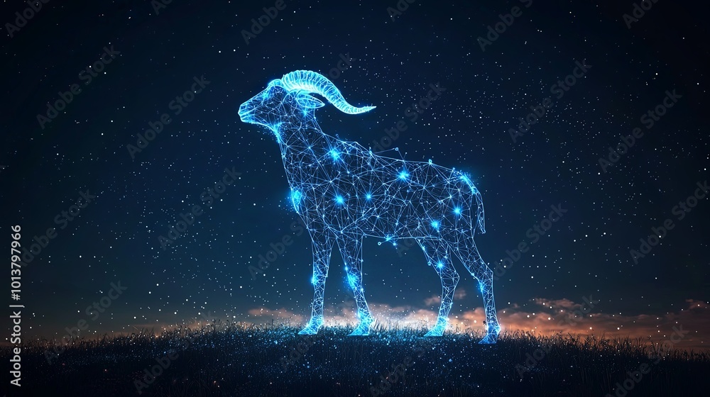 A digital rendering depicting a goat in a style that employs cosmic constellations, set against a starry backdrop, intertwining art and the universe. A digital rendering depicting a goat in a style that employs cosmic constellations, set against a starry backdrop, intertwining art and the universe.