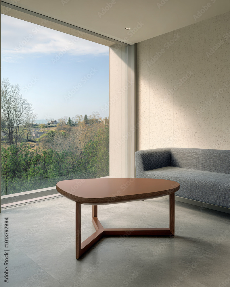 Fototapeta premium Modern living room with minimalist furniture and scenic view of nature on a sunny day
