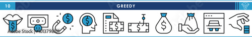 A set of line icons related to greed about money. Greedy editable stroke vector icons set.