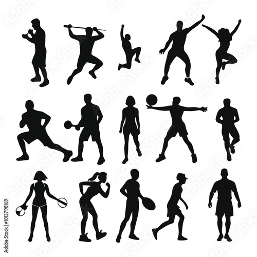 Black silhouettes of people exercising in various poses