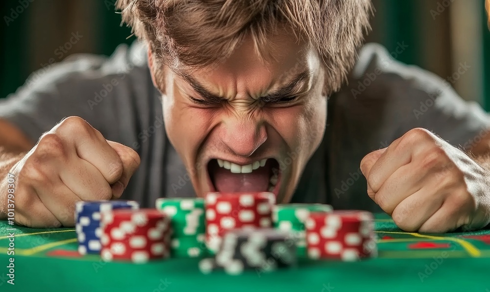 Man in poker game, intense expression, chips on table. Man in poker game, intense expression, chips on table.