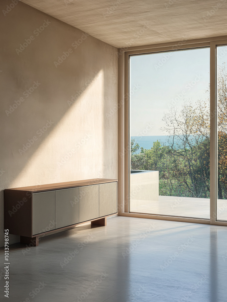 Fototapeta premium Modern interior with minimalist furniture and large window showcasing a coastal view