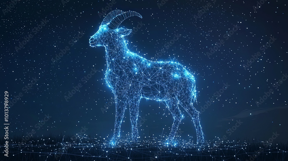 A luminous goat figure crafted from glowing lines stands majestically in a starry cosmos, capturing the essence of cosmic beauty and digital innovation.