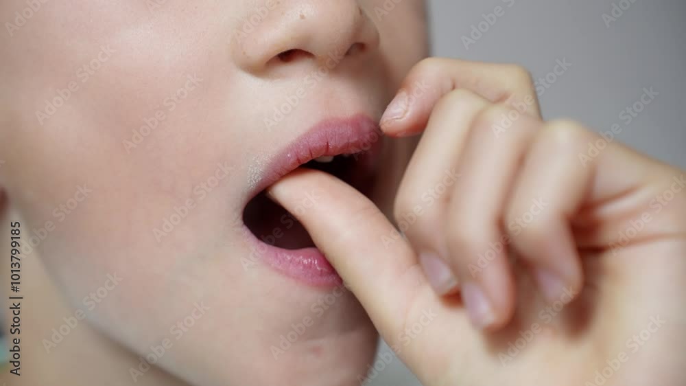 Child touching loose baby tooth, close-up. Baby teeth are replaced by permanent teeth. Children's dentistry, dental care. Child touching loose baby tooth, close-up. Baby teeth are replaced by permanent teeth. Children's dentistry, dental care.