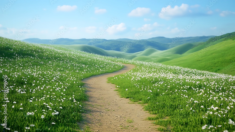 Fototapeta premium Scenic Country Road Meandering Through Hills and Wildflowers Providing Picturesque Journey