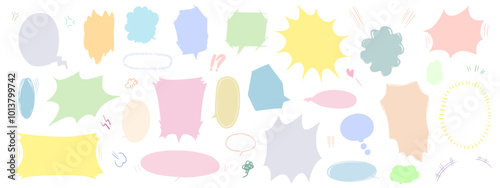 日本の漫画に描かれているような、手書きの吹き出しイラストのセット