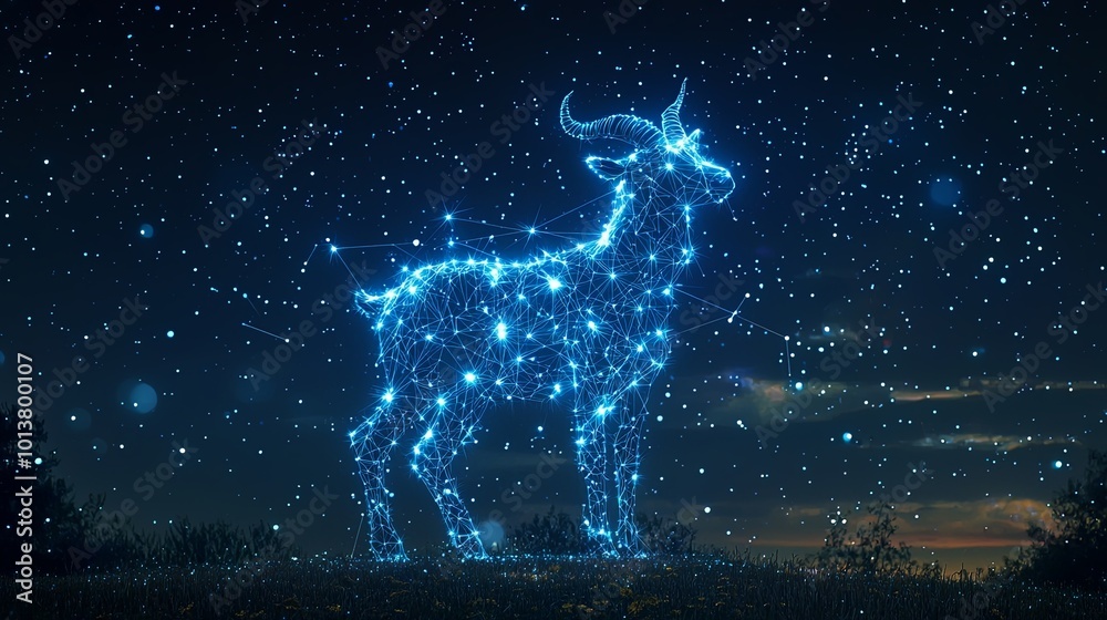 This image depicts a celestial goat constellation composed of luminous, interconnected networks of stars set against a breathtaking starlit night sky panorama.