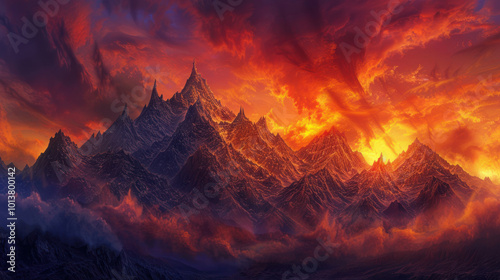 A fiery sunset behind towering mountain peaks, with vibrant hues of orange and red painting the sky