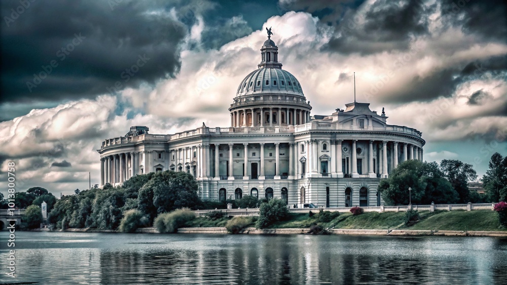 Fototapeta premium A white, neoclassical building with a dome sits on a grassy bank overlooking a river.