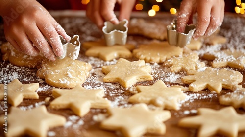 Parents and children baking Christmas cookies together in a warm kitchen rolling dough and using holiday-shaped cutters while wearing matching aprons Large space for text in center Stock Photo with